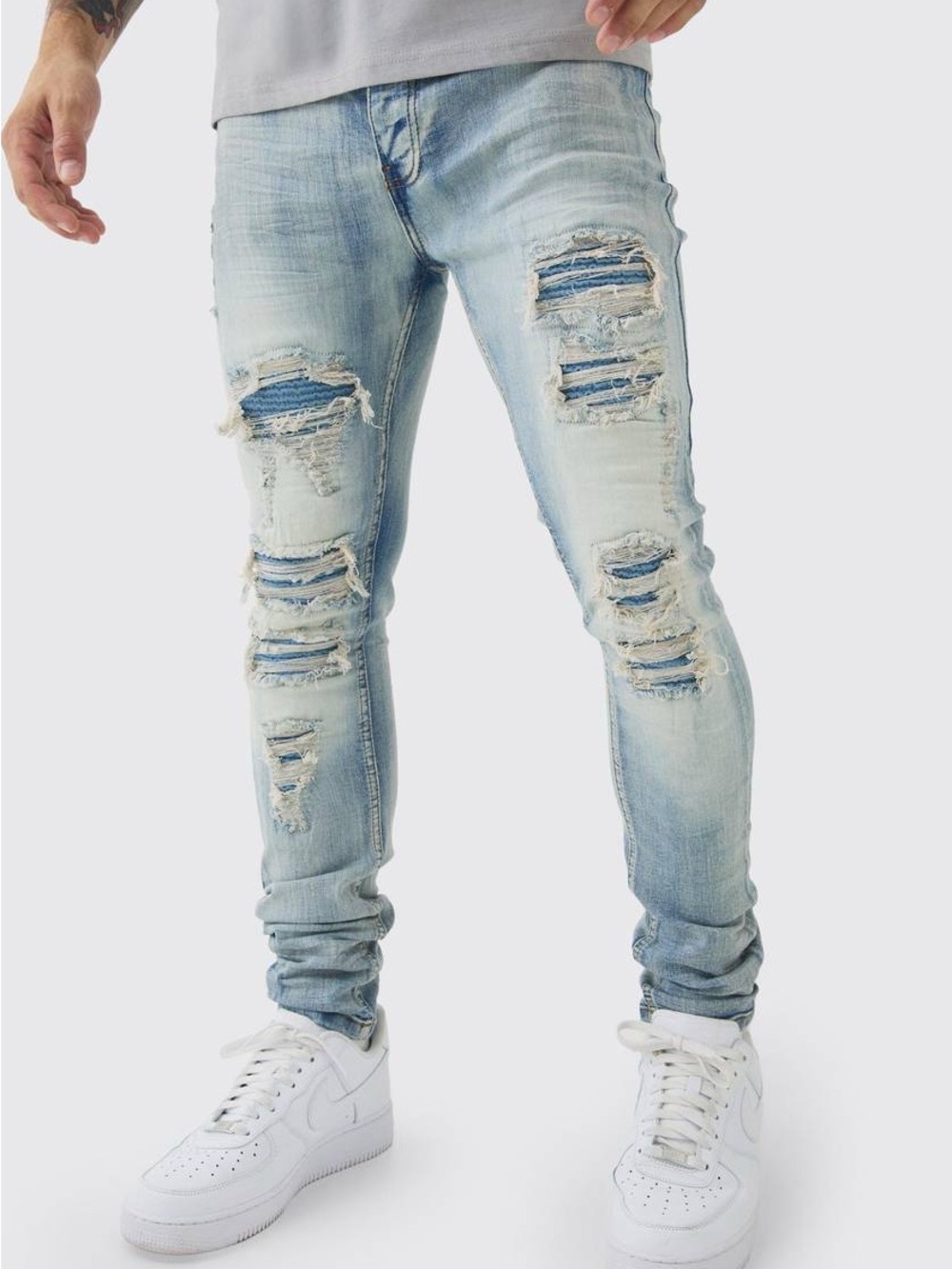 Boohooman | Super Skinny Stretch Washed Biker Rip & Repair Jeans
